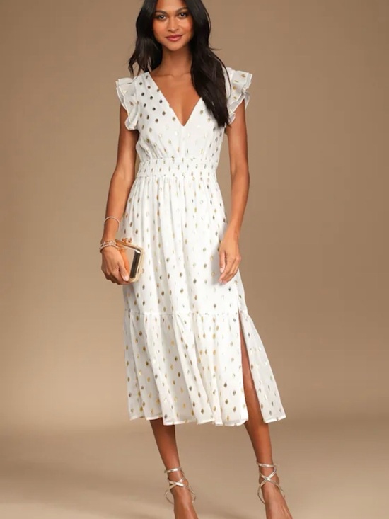 Lulus Dresses & Skirts - Lulu's Cause to Celebrate White and Gold Dot Ruffled Tiered Midi Dress